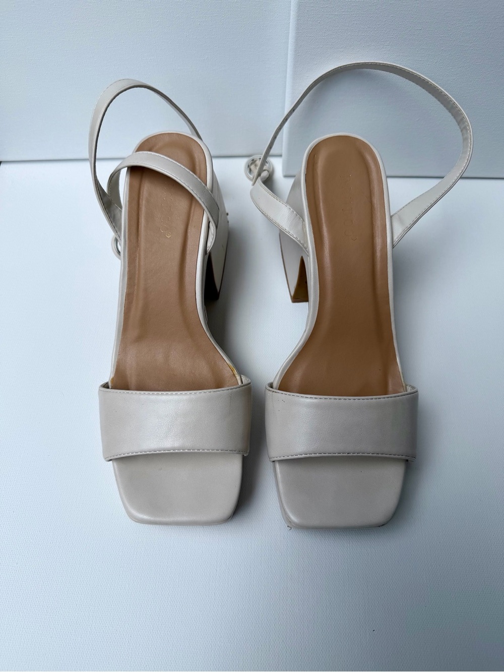 BAMBOO Cream Square Toe Slingback Block Heels